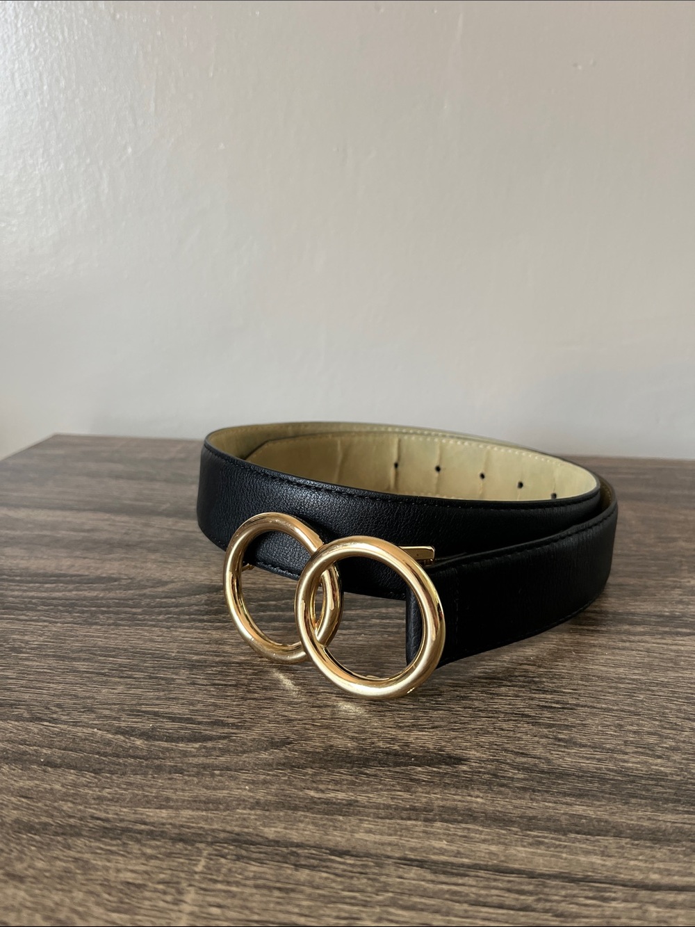 Express Black Leather Belt with Gold Double-Ring Buckle